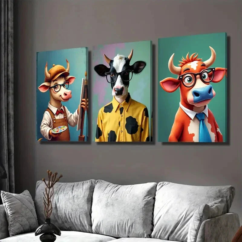3pcs Colorful Cow Modern Farmhouse Animal Wall Art Set Canvas Framed 40x60cm - High Quality Print 100% Australian Made Wall Canvas Ready to Hang