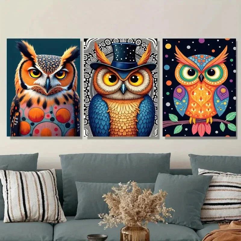 3pcs Colorful Owl Vibrant Modern Dark Blue Wall Art Set Canvas Framed 40x60cm - High Quality Print 100% Australian Made Wall Canvas Ready to Hang