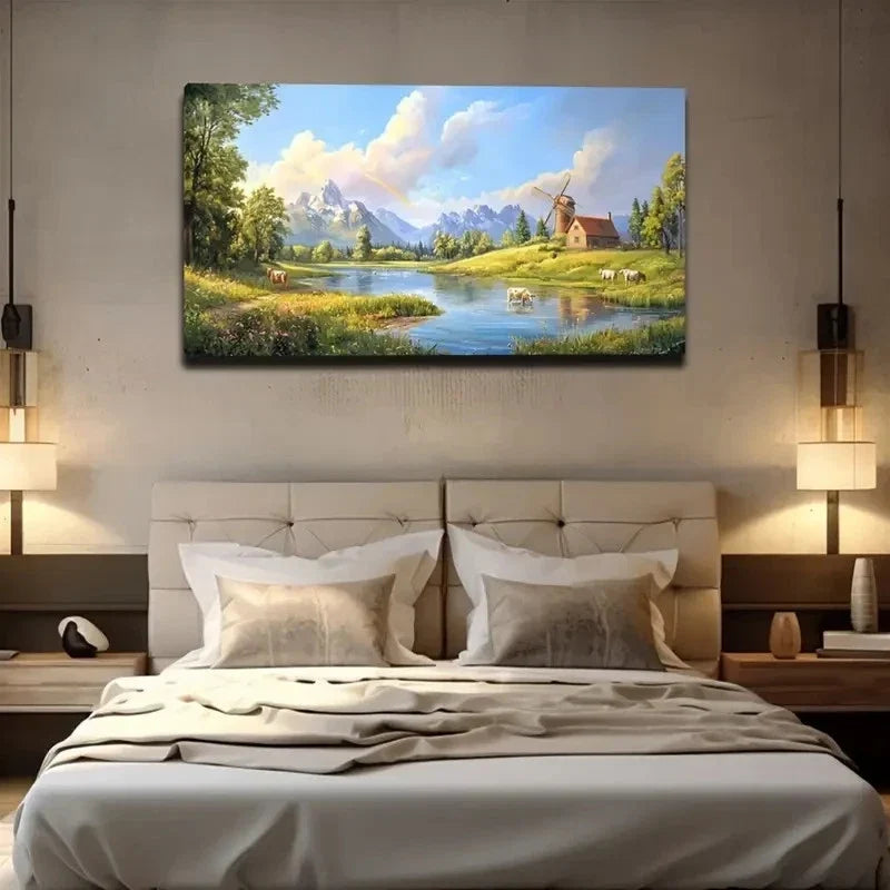 Dutch Countryside Landscape Wall Art Canvas Office Home Room Framed 80x45cm