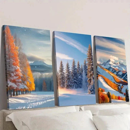 3pcs Winter Snow Forest Photography Wall Art Set Canvas Framed 40x60cm - High Quality Print 100% Australian Made Wall Canvas Ready to Hang
