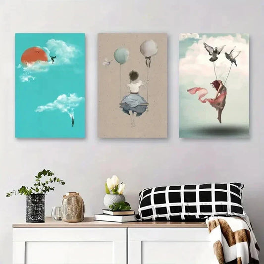 3pcs Dreamy Girl with Balloons and Birds Metal Print Ready to Hang Art