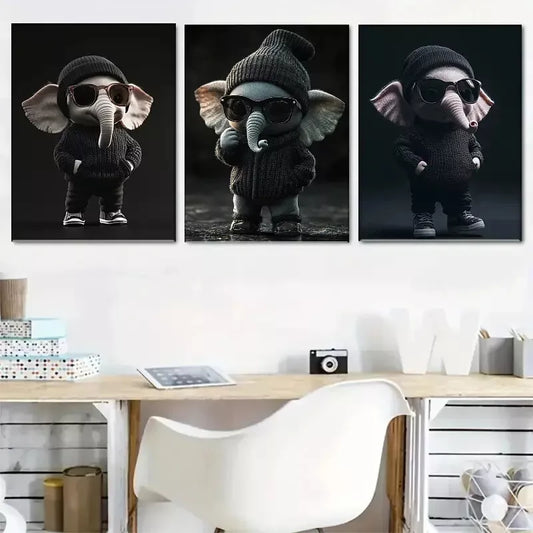 3pcs  Cool Elephant with knitted hat and sunglass Wall Art Set Canvas Framed 40x60cm - High Quality Print 100% Australian Made Wall Canvas Ready to Hang