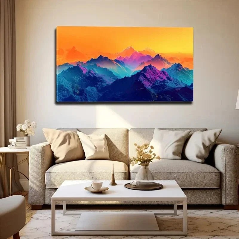 Vibrant Sunset Peaks Hues Wall Art Canvas Office Home Room Framed 120x60cm
