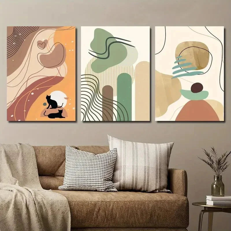 3pcs Geometric Abstract Shapes and Animal Cat Wall Art Set Canvas Framed 40x60cm - High Quality Print 100% Australian Made Wall Canvas Ready to Hang