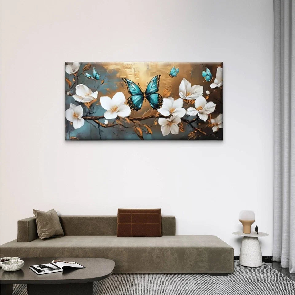 White Flowers Butterflies Wall Art Canvas Office Home Room Framed 80x45cm