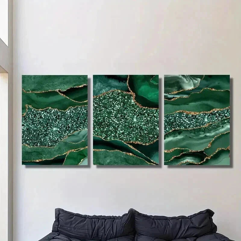 3pcs Green Agate Golden Glitter Texture Wall Art Set Canvas Framed 40x60cm - High Quality Print 100% Australian Made Wall Canvas Ready to Hang