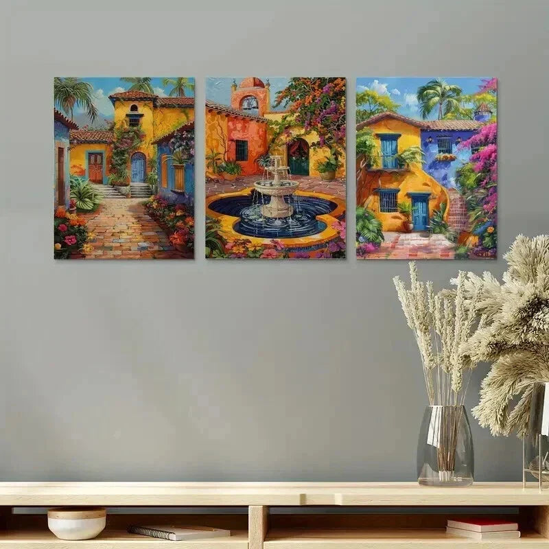 3pcs Mexican Architecture with Floral Design Wall Art Set Canvas Framed 40x60cm - High Quality Print 100% Australian Made Wall Canvas Ready to Hang