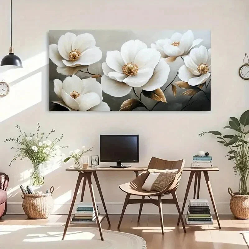 Golden Accents White Botanical Wall Art Canvas Office Home Room Framed 80x45cm