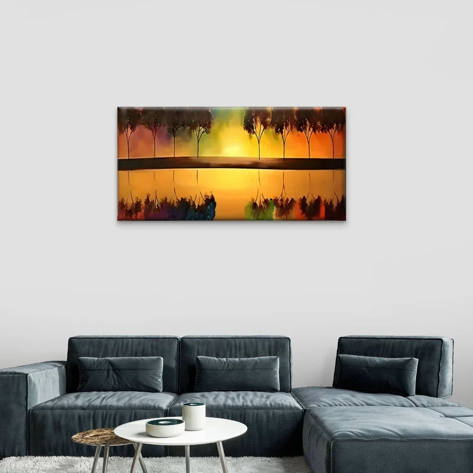 Sunset Trees & Water Reflection Wall Art Canvas Office Home Room Framed 120x60cm