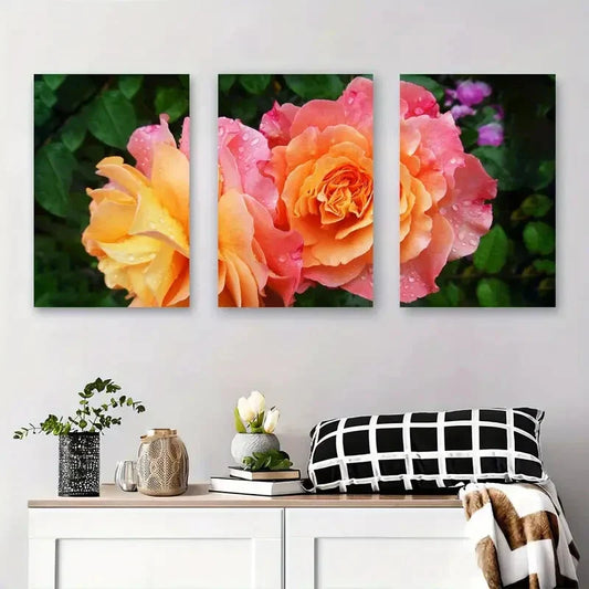3pcs Vibrant Pink & Orange Roses Floral Metal Print Ready to Hang Art