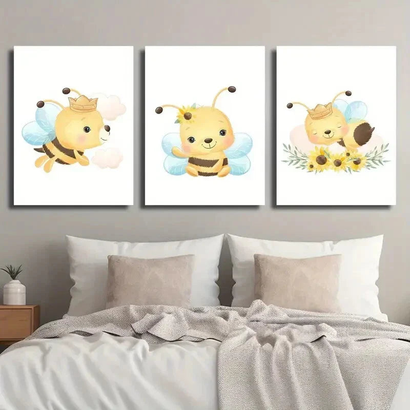 3pcs Cartoon Bees Flowers & Butterflies Wall Art Set Canvas Framed 40x60cm - High Quality Print 100% Australian Made Wall Canvas Ready to Hang