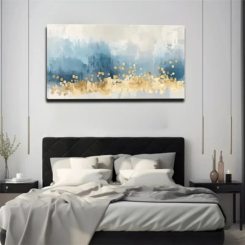 Blue & Golden Geometric Décor Wall Art Canvas Office Home Room Framed 120x60cm
