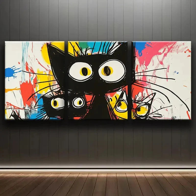 3pcs Abstract Cute Black Cat Colorful Perfect Wall Art Set Canvas Framed 40x60cm - High Quality Print 100% Australian Made Wall Canvas Ready to Hang