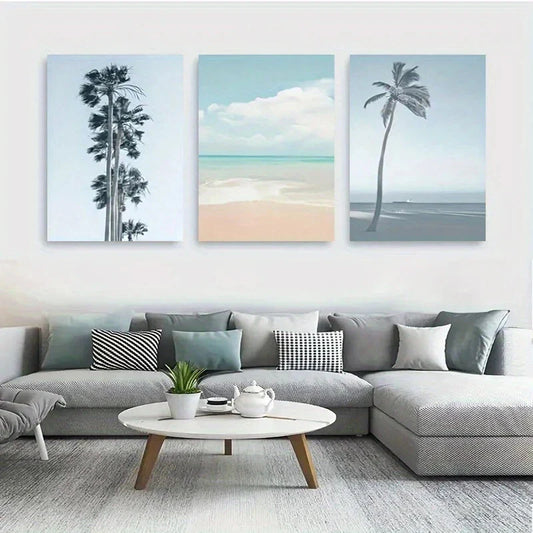 3pcs Serene Beach Palm Tree Blue Tones Metal Print Ready to Hang Art