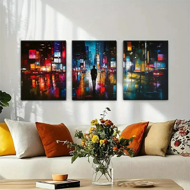 3pcs City Nightscape Abstract Reflection Perfect Wall Art Set Canvas Framed 40x60cm - High Quality Print 100% Australian Made Wall Canvas Ready to Hang