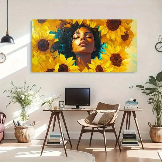 Vibrant Sunflower Woman Deco Wall Art Canvas Office Home Room Framed 120x60cm