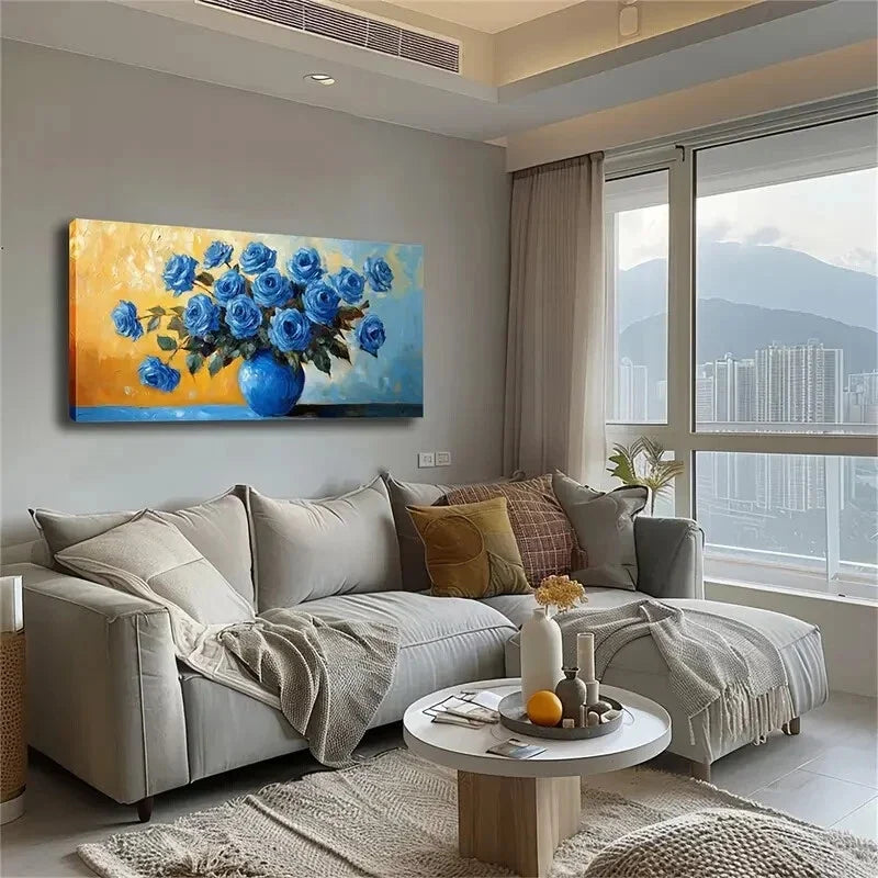 Vibrant Blue Roses In Vase Wall Art Canvas Office Home Room Framed 120x60cm
