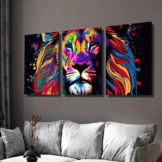 3pcs Colored Mane of a Majestic Lion Wall Art Set Canvas Framed 40x60cm - High Quality Print 100% Australian Made Wall Canvas Ready to Hang