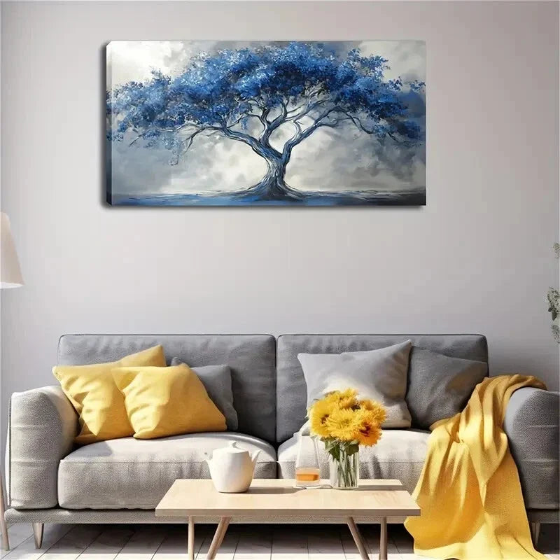 Blue Tree with Grey Background Wall Art Canvas Office Home Room Framed 120x60cm