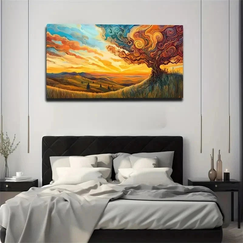 Magical Tree & Sunset Landscape Wall Art Canvas Office Home Room Framed 120x60cm