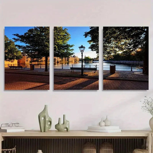 3pcs Serene Canal Side Park Peaceful Waterfront Metal Print Ready to Hang Art