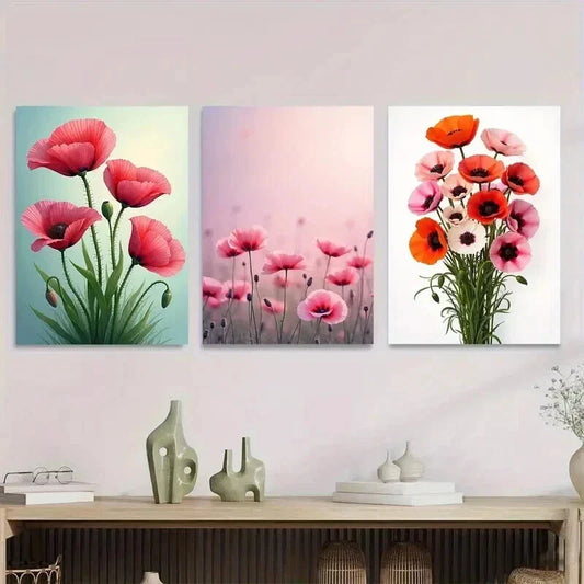 3pcs Poppy Flower Vibrant Pink & Orange Poppy Wall Art Set Canvas Framed 40x60cm - High Quality Print 100% Australian Made Wall Canvas Ready to Hang