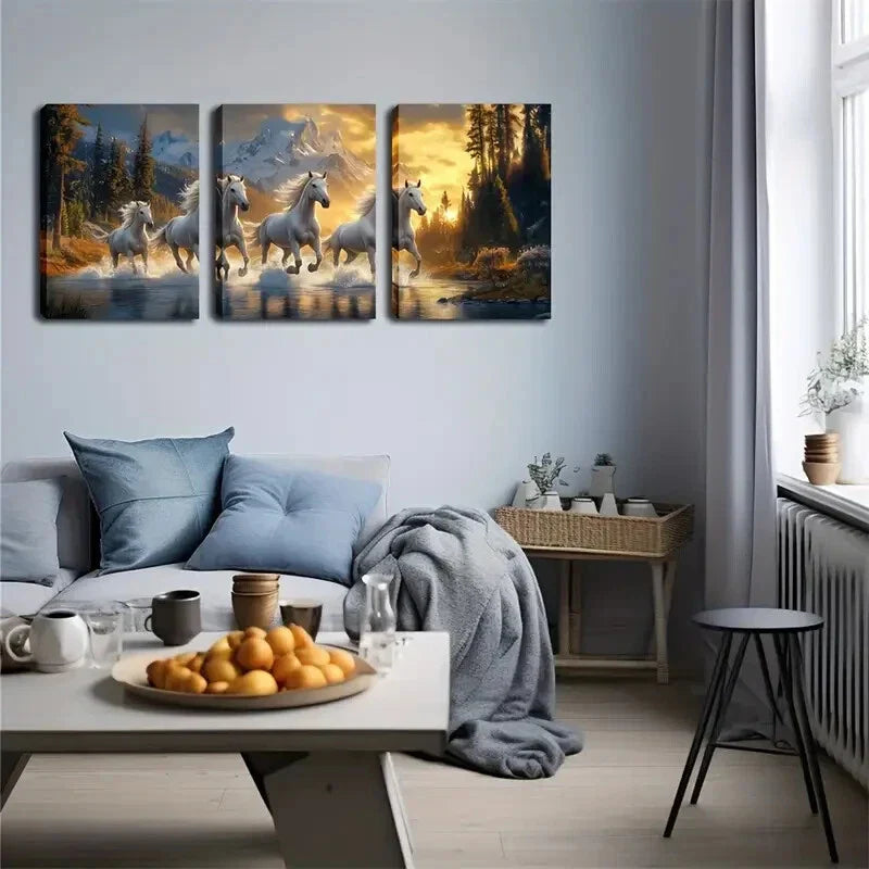 3pcs four white horses running in the river Wall Art Set Canvas Framed 40x60cm - High Quality Print 100% Australian Made Wall Canvas Ready to Hang