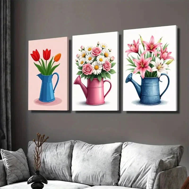 3pcs Colorful Floral Bouquets in Watering Cans Wall Art Set Canvas Framed 40x60cm - High Quality Print 100% Australian Made Wall Canvas Ready to Hang
