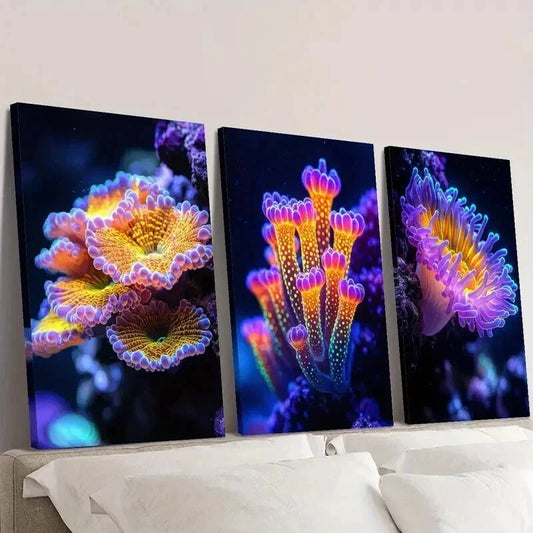 3pcs Fantasy Glowing Coral Reefs Sea Life Wall Art Set Canvas Framed 40x60cm - High Quality Print 100% Australian Made Wall Canvas Ready to Hang