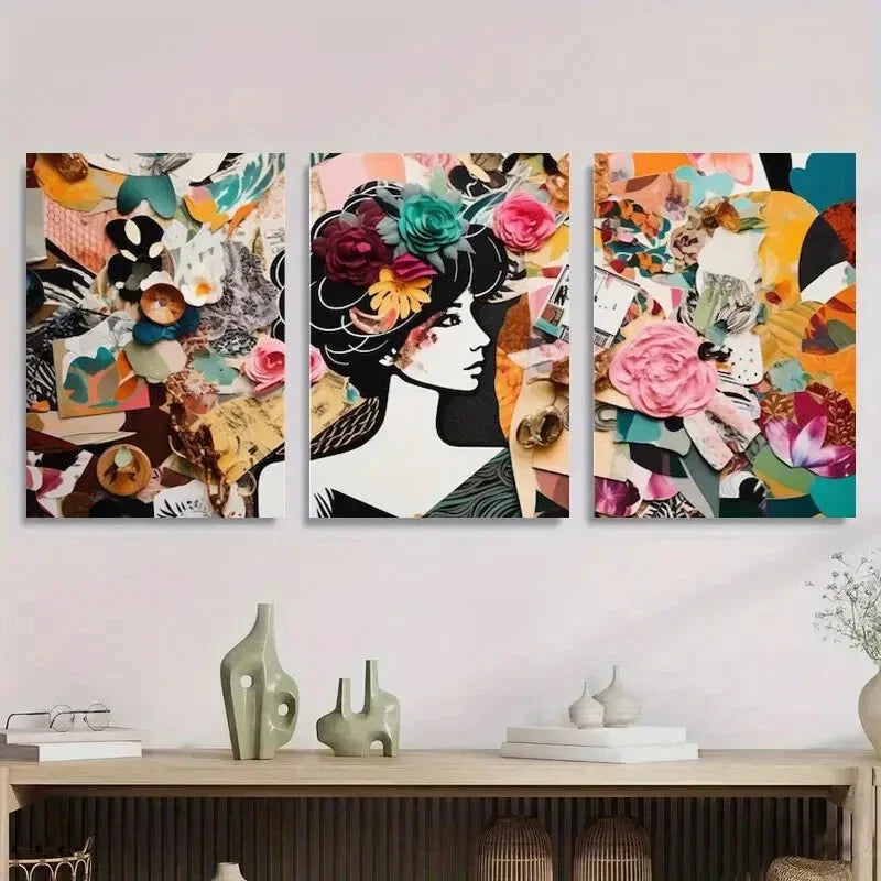 3pcs Abstract Fashion Portraits with Floral Metal Print Ready to Hang Art