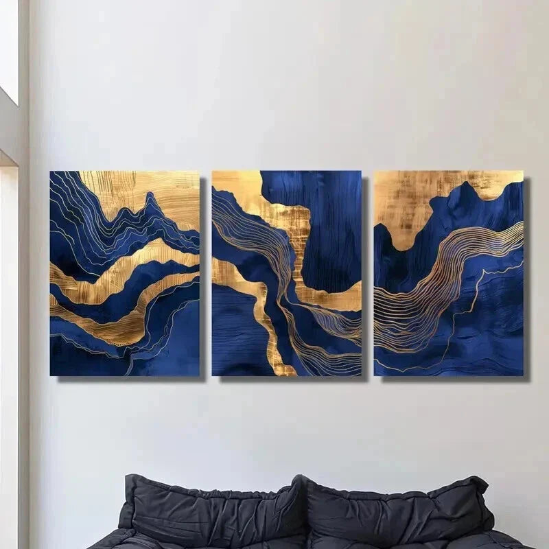 3pcs Wavy Blue Marble and Gold Gilt Wall Art Set Canvas Framed 40x60cm - High Quality Print 100% Australian Made Wall Canvas Ready to Hang