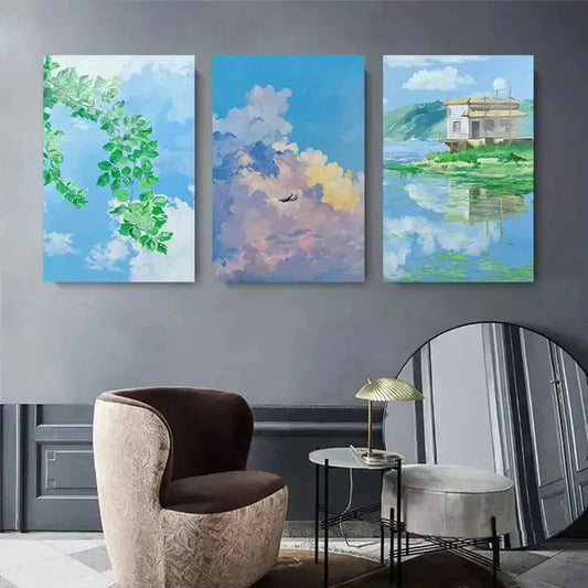 3pcs Vibrant Sky, Clouds & Greenery, Tranquil Metal Print Ready to Hang Art