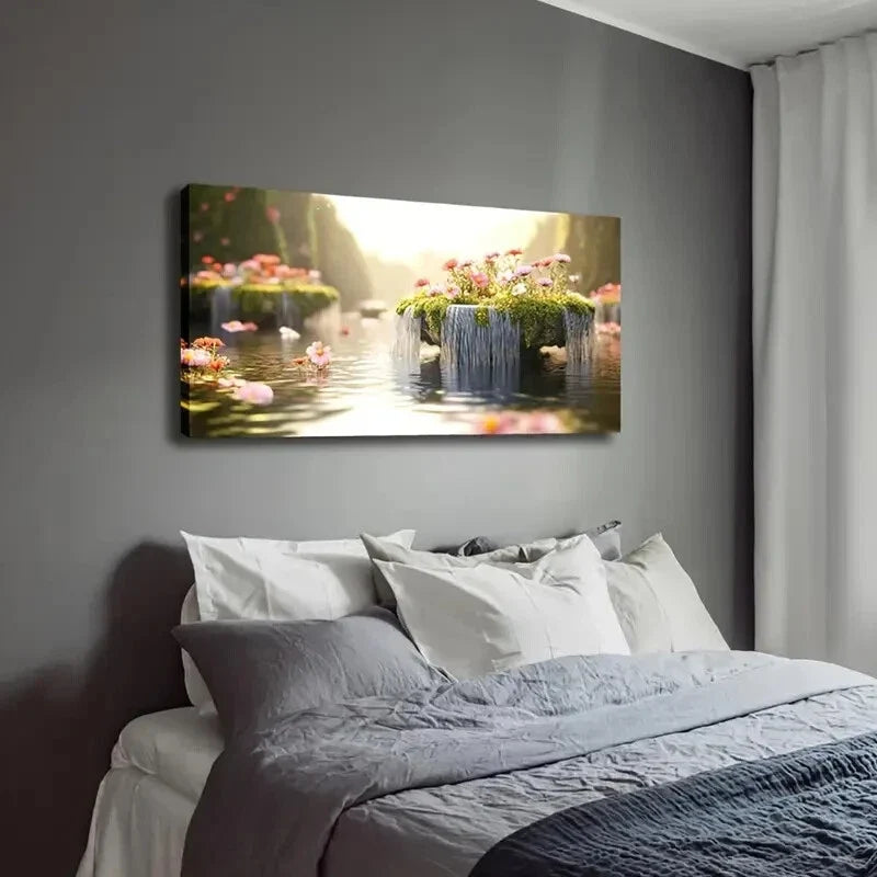Waterfall & Blooming Flowers Wall Art Canvas Office Home Room Framed 120x60cm