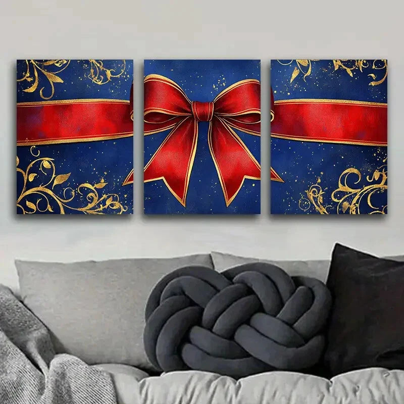 3pcs Art Painting, Golden Red Ribbon Metal Print Ready to Hang Art