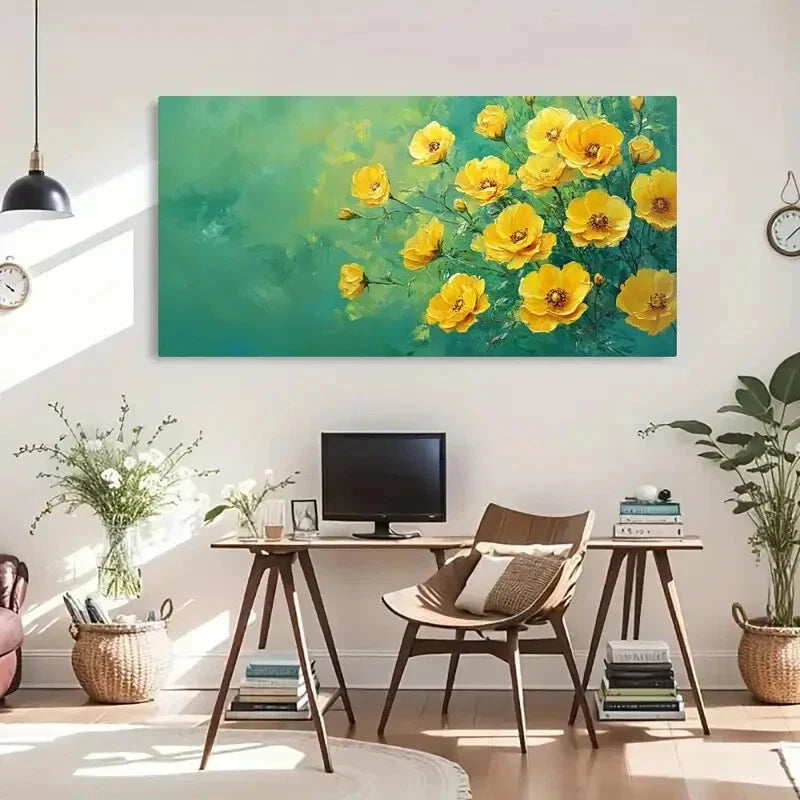 Summer Nature Green & Yellow Wall Art Canvas Office Home Room Framed 120x60cm