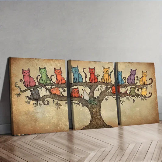 3pcs Whimsical Cat Tree Cute Adorable Perfect Wall Art Set Canvas Framed 40x60cm - High Quality Print 100% Australian Made Wall Canvas Ready to Hang