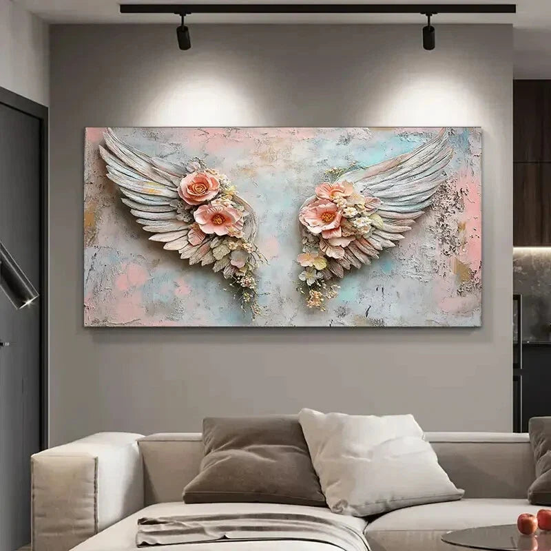 Angel Wings Floral Minimalist Wall Art Canvas Office Home Room Framed 80x45cm