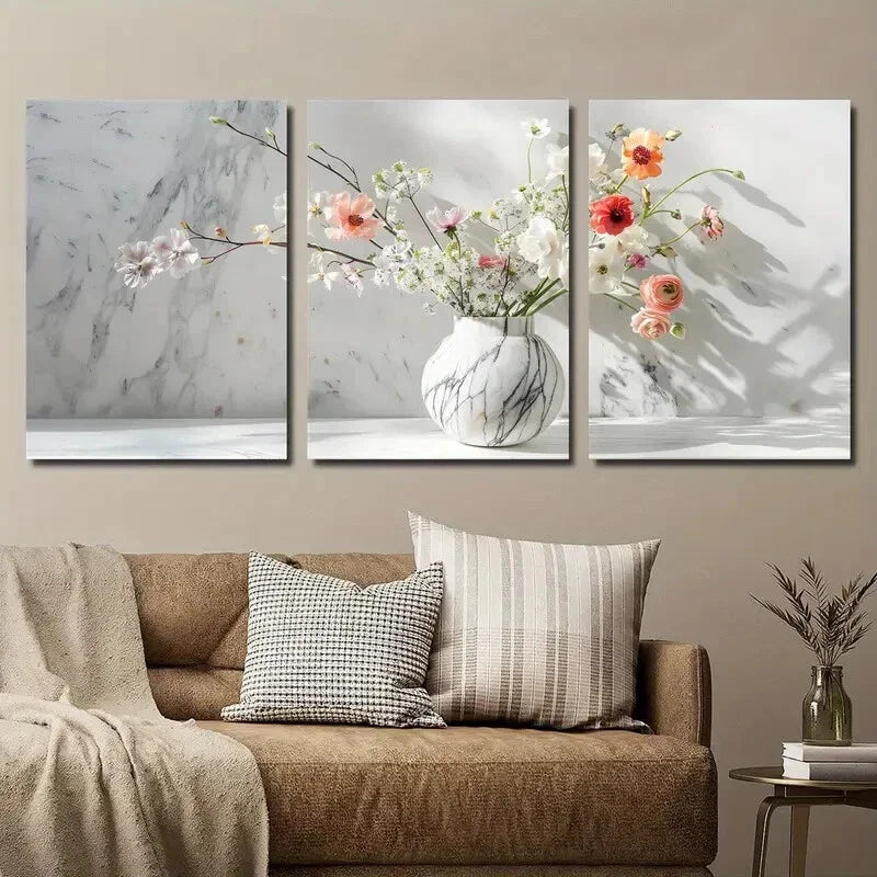 3pcs Botanical Floral Marble Vase Wall Art Set Canvas Framed 40x60cm - High Quality Print 100% Australian Made Wall Canvas Ready to Hang