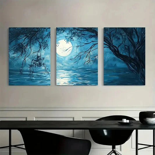 3pcs Blue Landscape with Full Moon & Trees  Wall Art Set Canvas Framed 40x60cm - High Quality Print 100% Australian Made Wall Canvas Ready to Hang