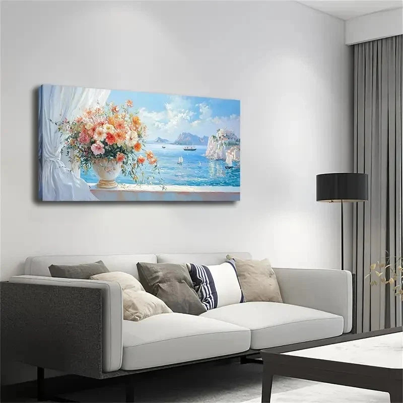 Serene Floral and Coastal Wall Art canvas office home room framed 120x60cm
