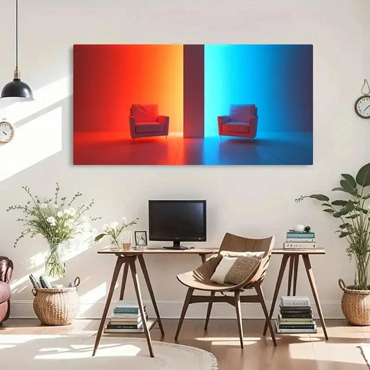 Symmetrical Red And Blue Chair Wall Art Canvas Office Home Room Framed 120x60cm
