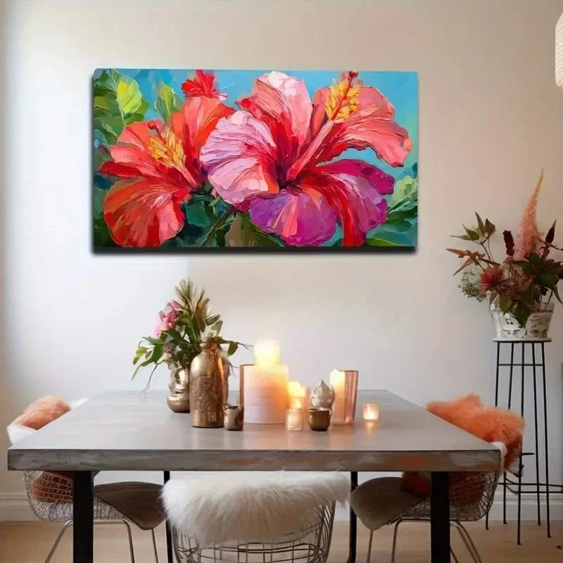 Vibrant Red Hibiscus Flowers Wall Art Canvas Office Home Room Framed 80x45cm