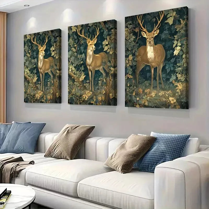 3pcs Golden - deer in Forest Triptych Wall Art Set Canvas Framed 40x60cm - High Quality Print 100% Australian Made Wall Canvas Ready to Hang