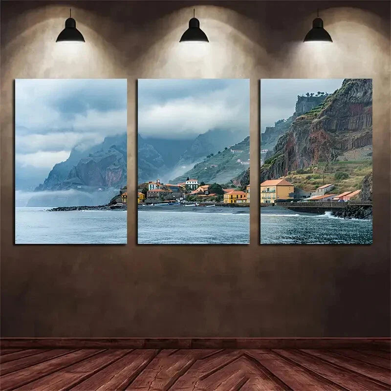 3pcs Coastal Seaside Village Scenery Metal Print Ready to Hang Art