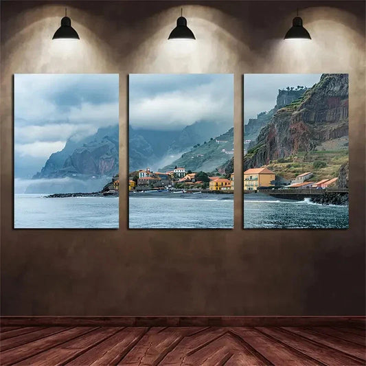 3pcs Coastal Seaside Village Scenery Metal Print Ready to Hang Art
