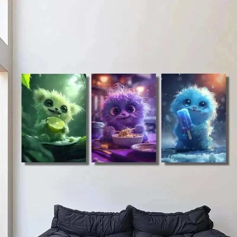 3pcs Monster Eating Noodles Ice Cream Lemon Wall Art Set Canvas Framed 40x60cm - High Quality Print 100% Australian Made Wall Canvas Ready to Hang