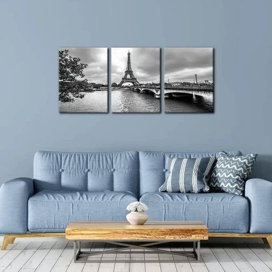 3pcs Paris Tower from Seine Black and White Metal Print Ready to Hang Art