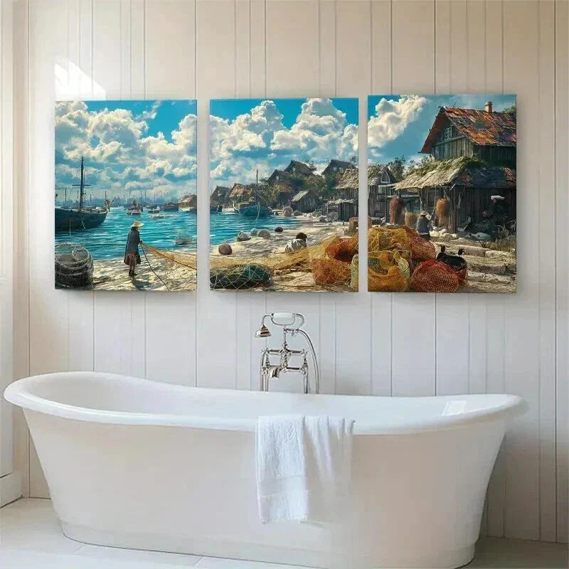 3pcs Serene Fisherman's Shoreline Scene Boats Wall Art Set Canvas Framed 40x60cm - High Quality Print 100% Australian Made Wall Canvas Ready to Hang