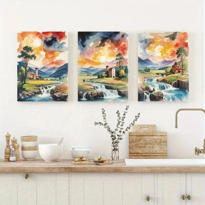 3pcs Serene River Waterfall & Mountain Landscape Wall Art Set Canvas Framed 40x60cm - High Quality Print 100% Australian Made Wall Canvas Ready to Hang