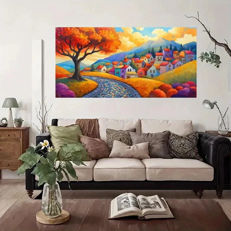 Autumn Village Landscape Wall Art Canvas Office Home Room Framed 120x60cm